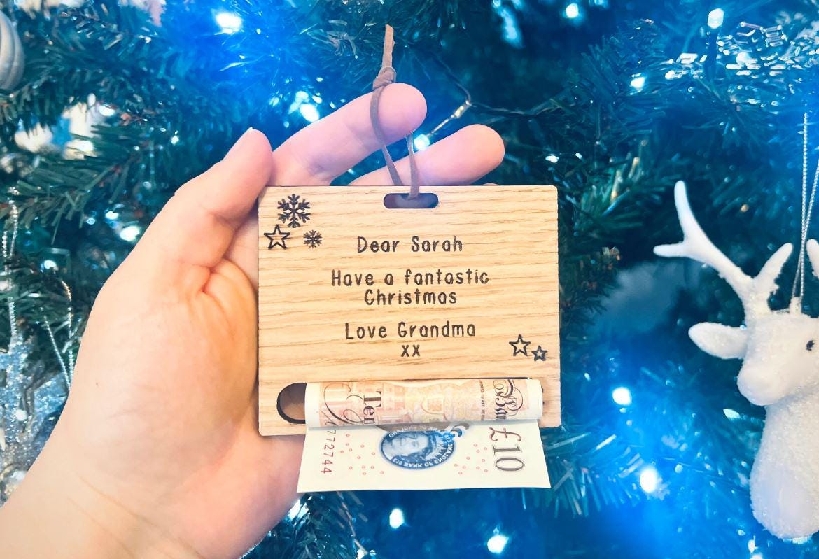 Personalised money holder wooden engraved , Christmas Gift, Money Envelope, Christmas Bauble, sustainable Decoration, Xmas Present