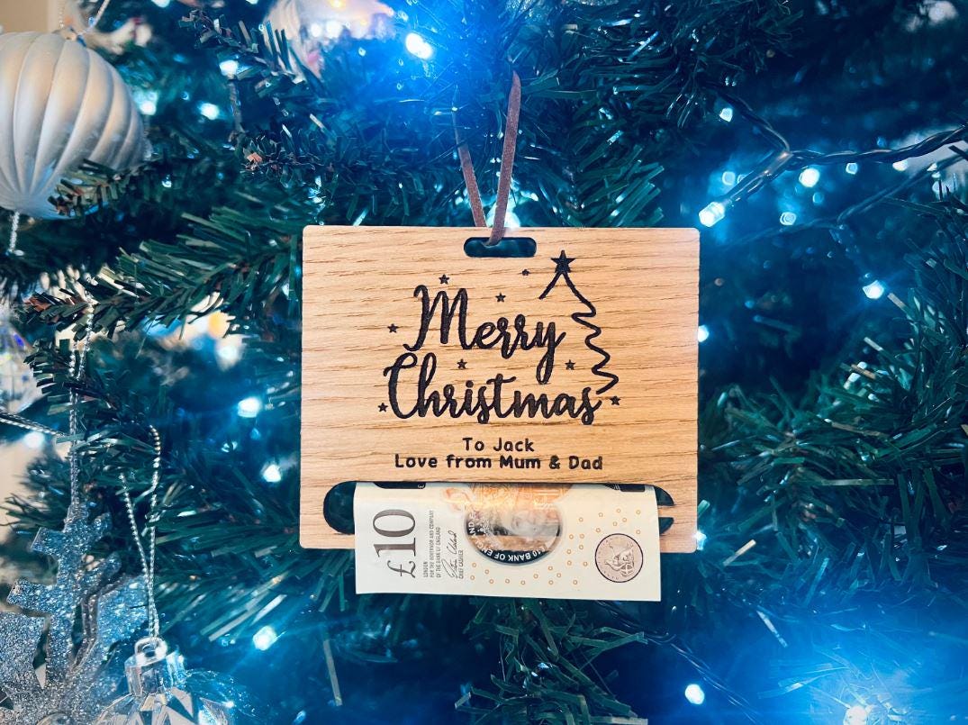 Personalised  Money Holder, Christmas Gift, Money Envelope, Xmas, Wooden, Christmas Bauble, Sustainable Decoration, Xmas Present