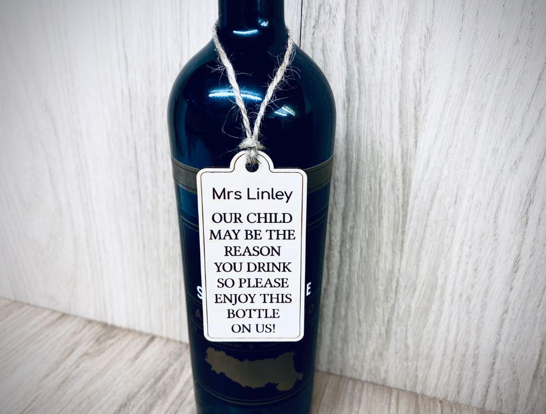 Personalised Teacher Gift Wine Bottle Tag, End Of School Term Year Present For Teachers Nursery Wooden Tag For Bottle From Pupils Students