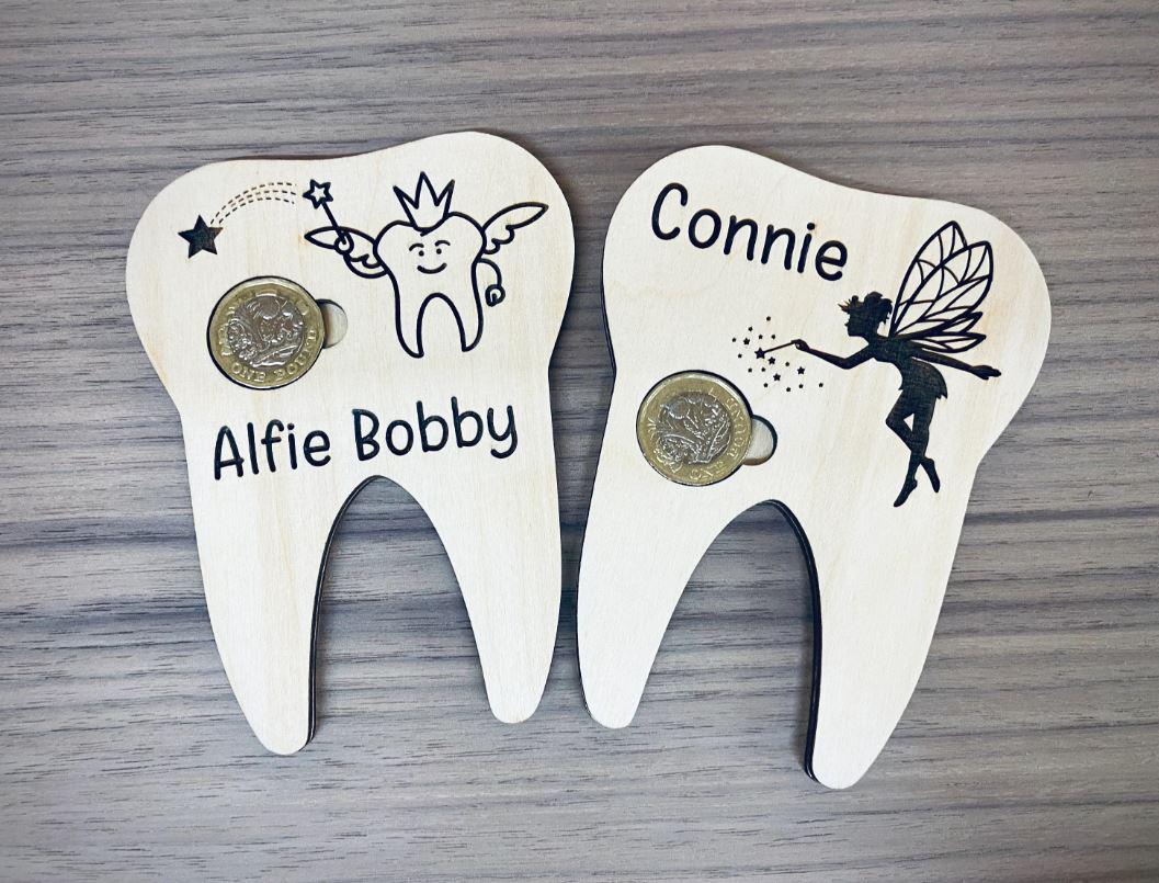 Personalised Engraved Wooden Tooth Fairy Gift, Pound Coin Holder, Kids Bedroom, Lost Tooth Present, Cute Teeth