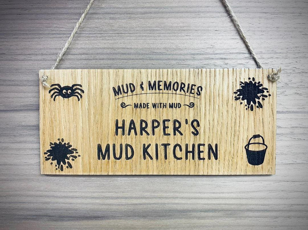 Personalised Mud Kitchen hanging Sign: Wooden Laser Engraved Oak Veneer, Children's Play. Children's Mud Kitchen Accessories, Fun Gift