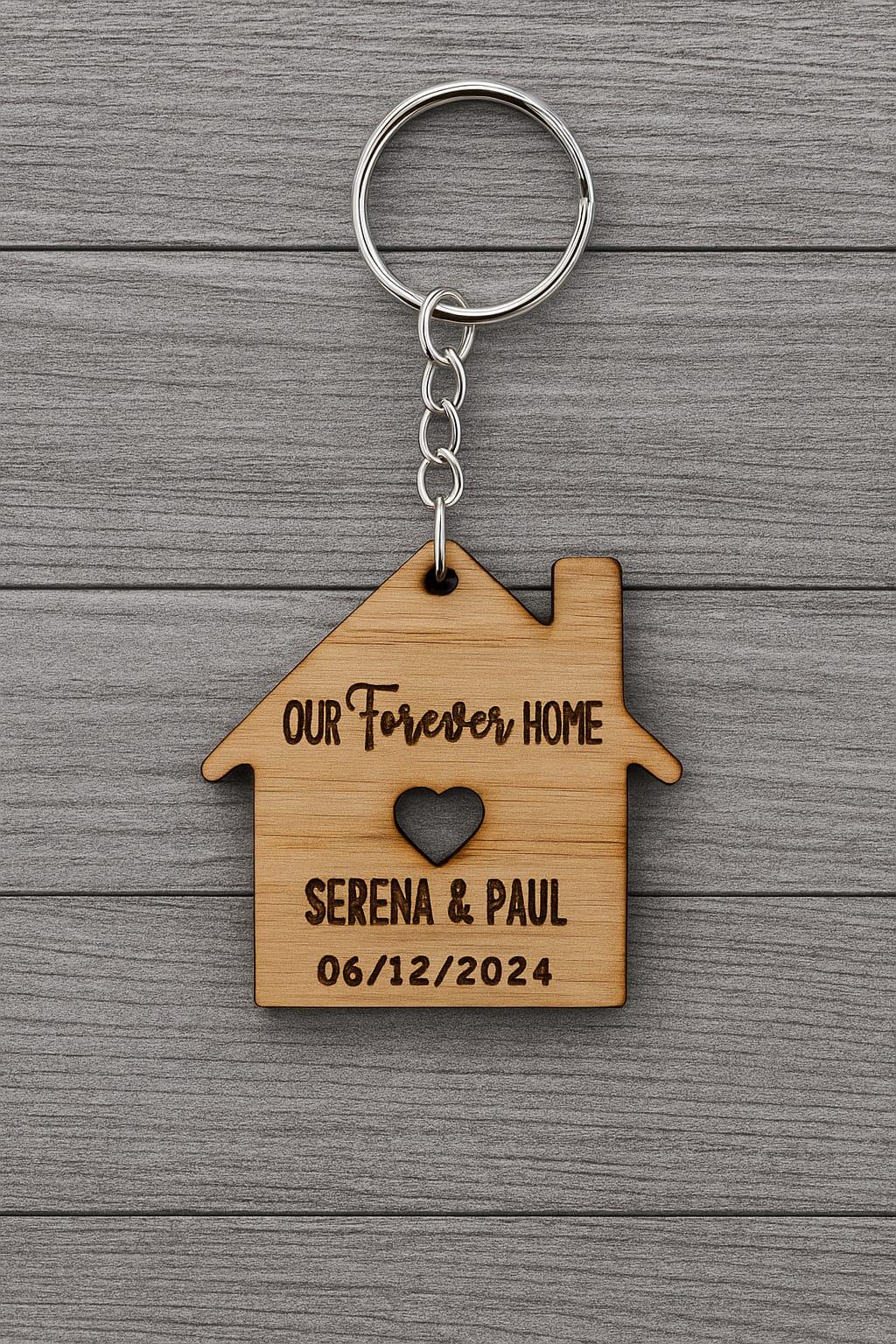 Personalised Oak Veneer Forever Home Keyring: New Home Gift.