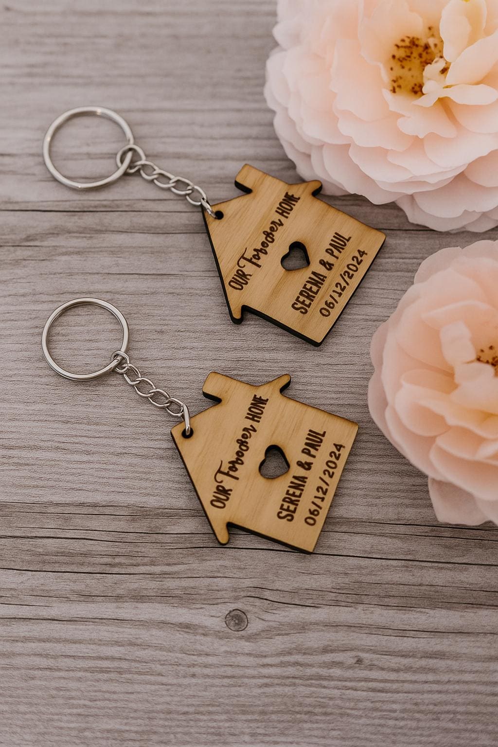Personalised Oak Veneer Forever Home Keyring: New Home Gift.
