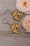 Personalised Oak Veneer Forever Home Keyring: New Home Gift.