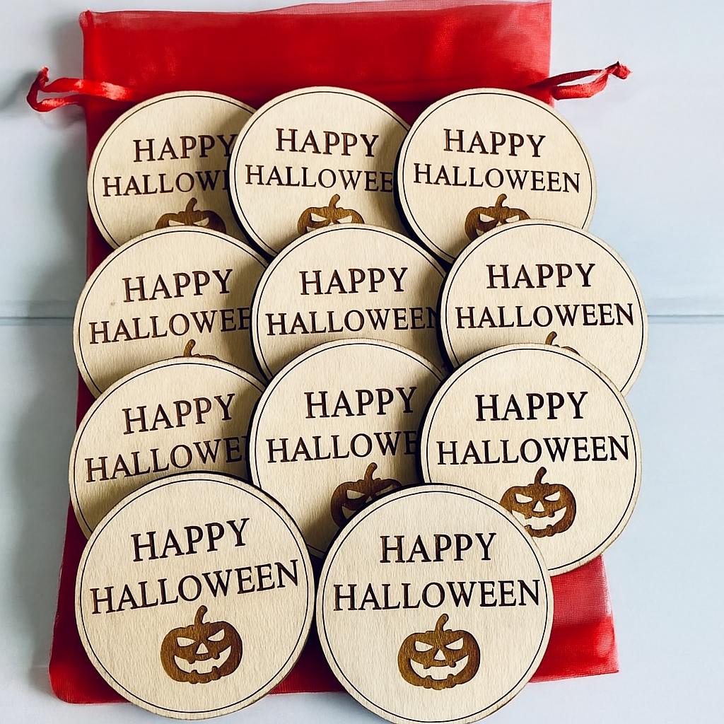 Handmade Wooden Halloween Tokens: Pumpkin Party Favors - set of 10