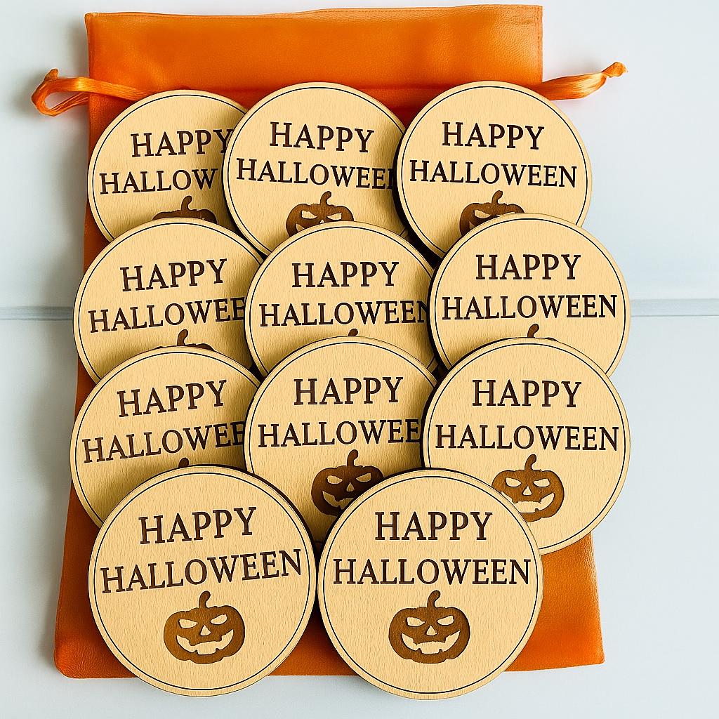 Handmade Wooden Halloween Tokens: Pumpkin Party Favors - set of 10