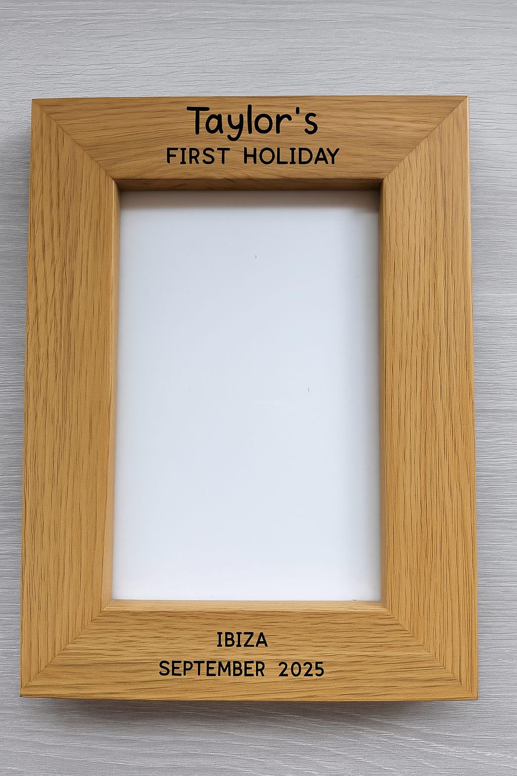 Personalised First Holiday Frame â€“ Custom Child Name, Destination & Year, Babyâ€™s First Trip Keepsake, Wooden Photo Gift