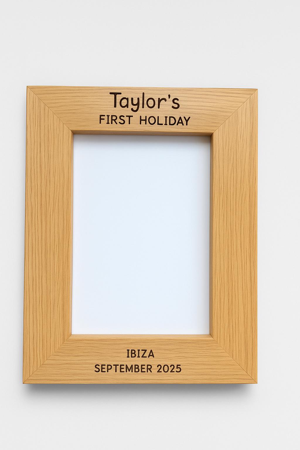 Personalised First Holiday Frame â€“ Custom Child Name, Destination & Year, Babyâ€™s First Trip Keepsake, Wooden Photo Gift