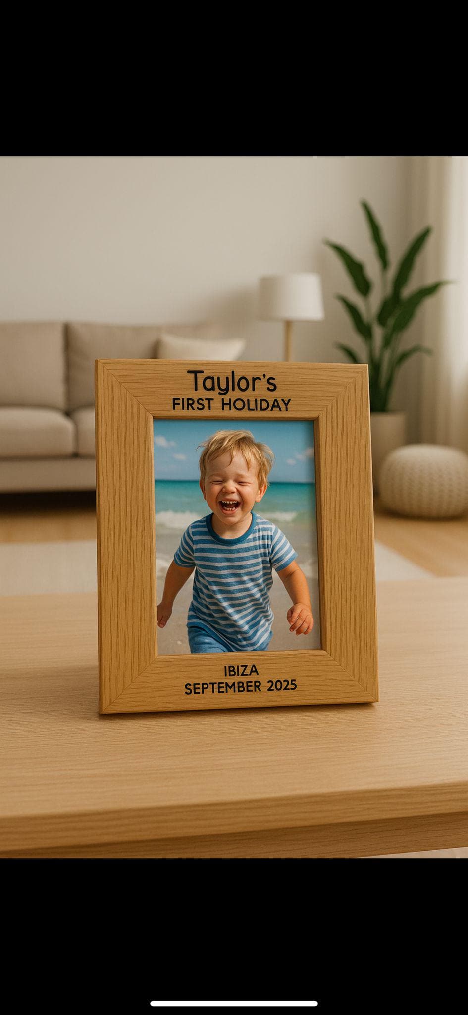 Personalised First Holiday Frame â€“ Custom Child Name, Destination & Year, Babyâ€™s First Trip Keepsake, Wooden Photo Gift