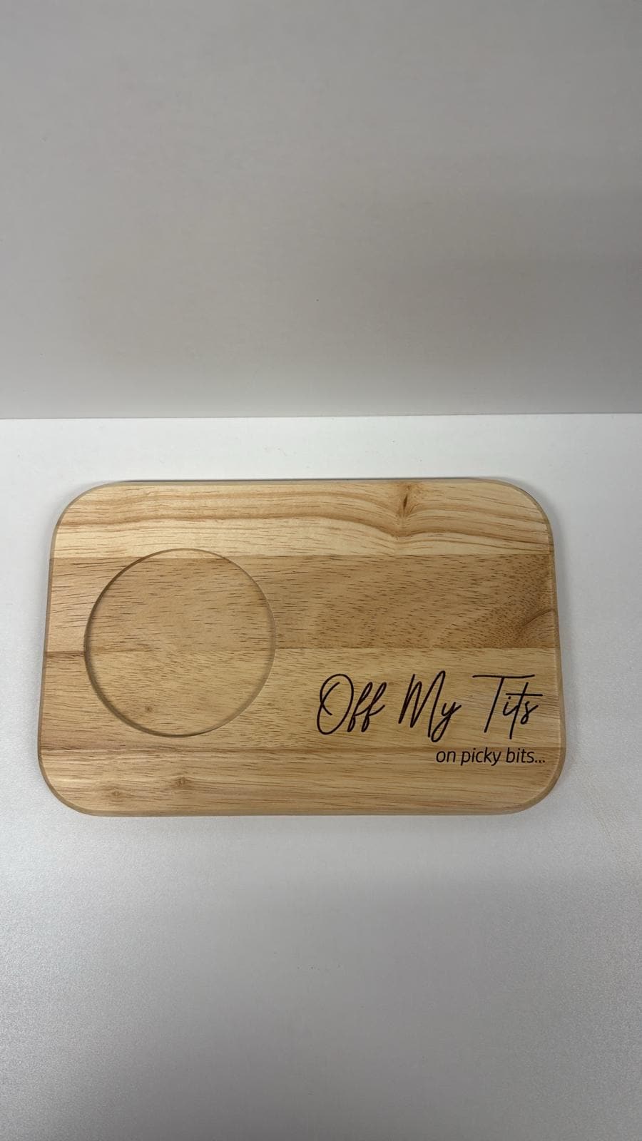 Personalised Engraved Treat Board - off my tits on picky bits â€“ Funny Tea & Biscuit Platter.