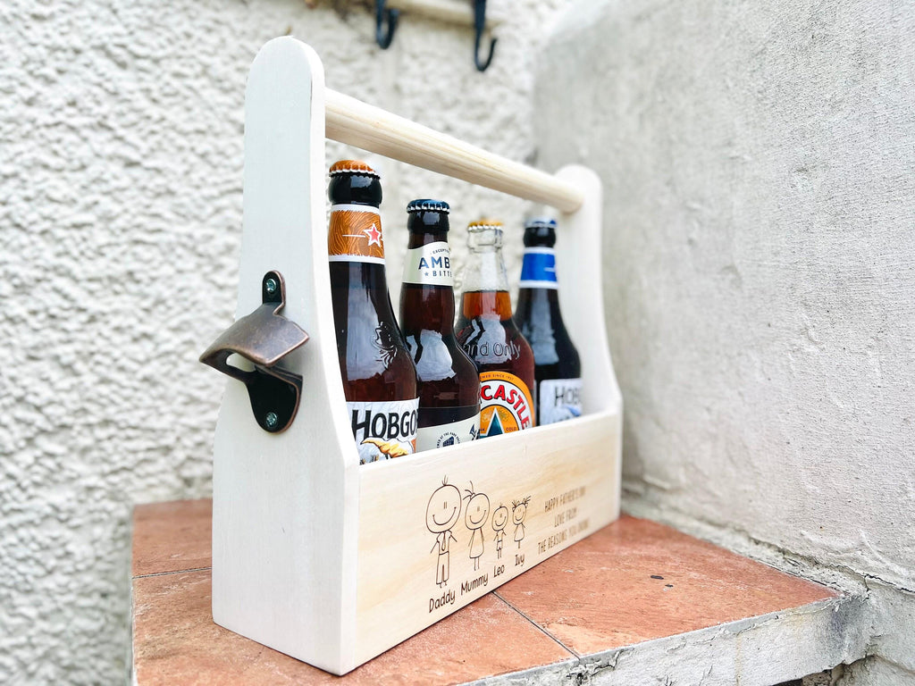 Personalised wooden Engraved Beer Caddy or bottle holder, Wood Bottle Opener Gift. For Him ,Dad, Daddy, Grandad, Grandpa, papa.