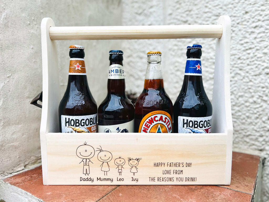 Personalised wooden Engraved Beer Caddy or bottle holder, Wood Bottle Opener Gift. For Him ,Dad, Daddy, Grandad, Grandpa, papa.