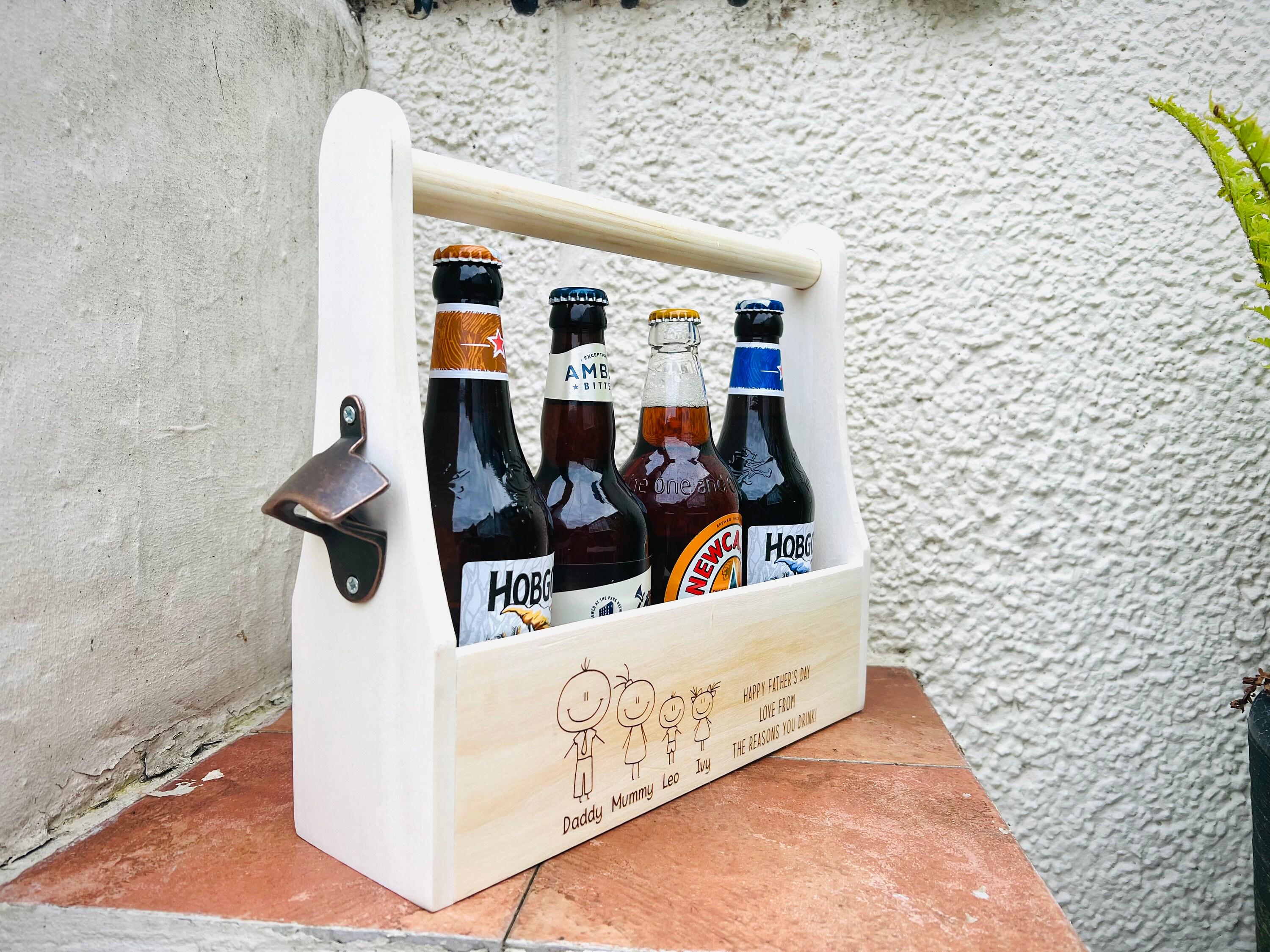 Personalised wooden Engraved Beer Caddy or bottle holder, Wood Bottle Opener Gift. For Him ,Dad, Daddy, Grandad, Grandpa, papa.